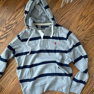 Ralph Lauren’s men’s blue/grey striped hoodie with 3-front buttons, medium.